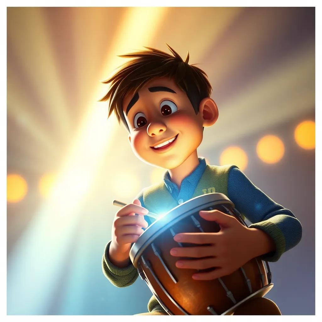 Luis tocando su tambor mágico que brilla, rodeado de un rayo de luz que lo levanta del suelo, con una expresión de sorpresa en su cara, digital art, vibrante, atmosférico y mágico, foco agudo, alta calidad