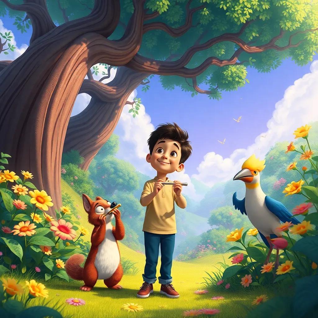Luis, en un reino lleno de árboles gigantes y flores danzantes, con animales como un conejo tocando flauta y un pato bailando, naturaleza mágica, ilustración, colores brillantes, perspectiva amplia, alegre y llena de vida