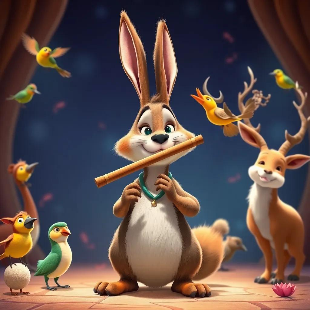 Un conejo sonriente con una flauta, junto a Luis en el Reino Musical, con todos los animales destacados, como pájaros y un ciervo, con instrumentos, dibujo, lleno de color, alegre, perspectiva animada, excelente calidad