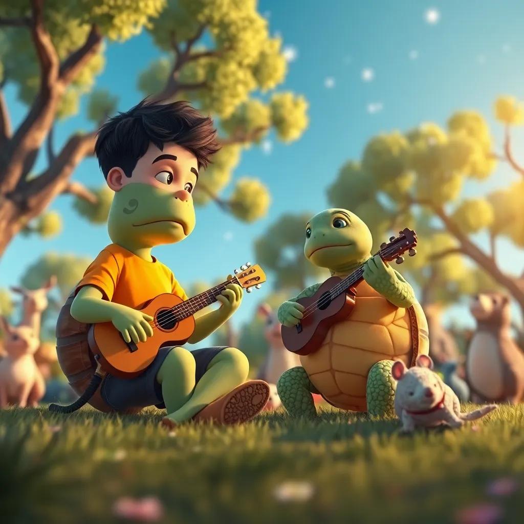 Luis disfrutando de la música con una tortuga que toca el violonchelo, todos los animales reunidos bailando, con un fondo de árboles mágicos y un cielo azul claro, arte infantil, vibrante, cálido, perspectiva festiva, alta calidad