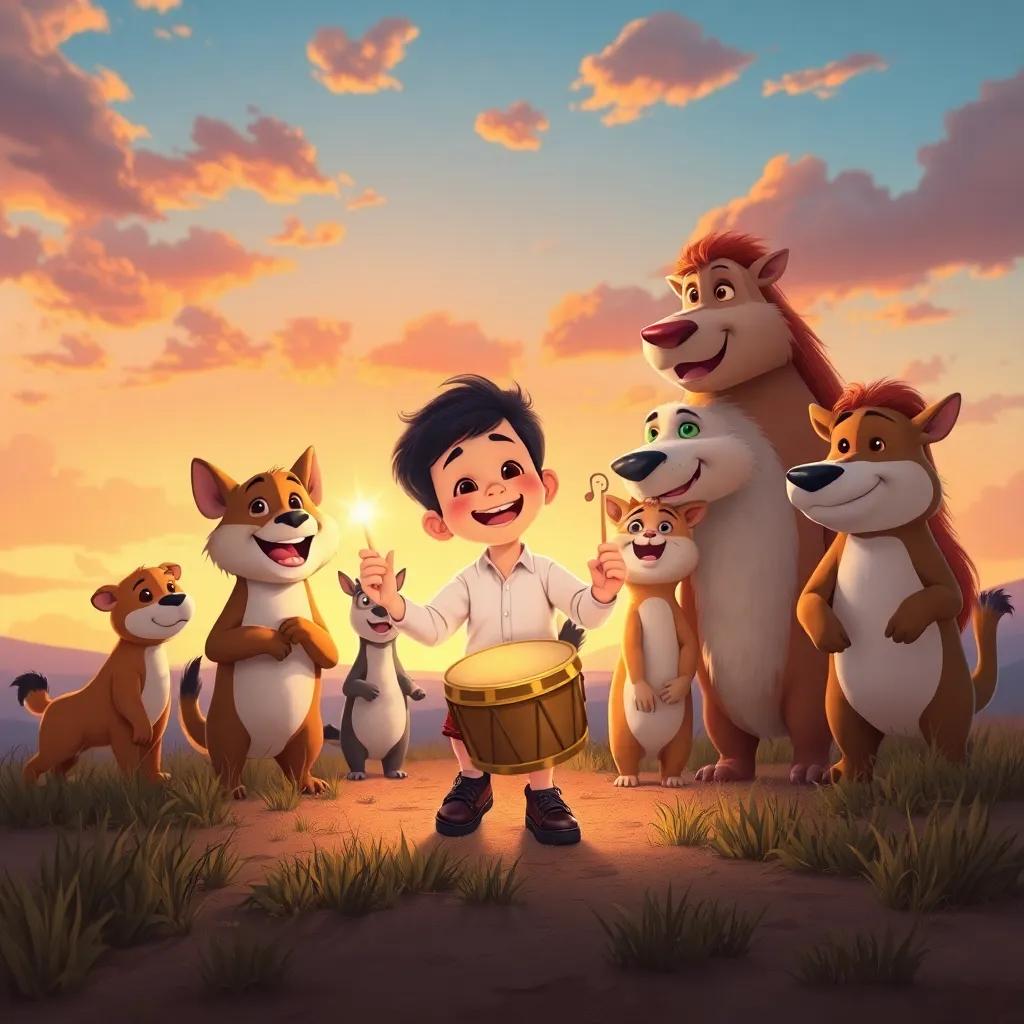 Luis y un grupo de animales despidiéndose, con un cielo anaranjado al atardecer, el tambor brillante en sus manos, expresiones de alegría y amistad, ilustración, cálido, emocional, perspectiva conmovedora, alta calidad