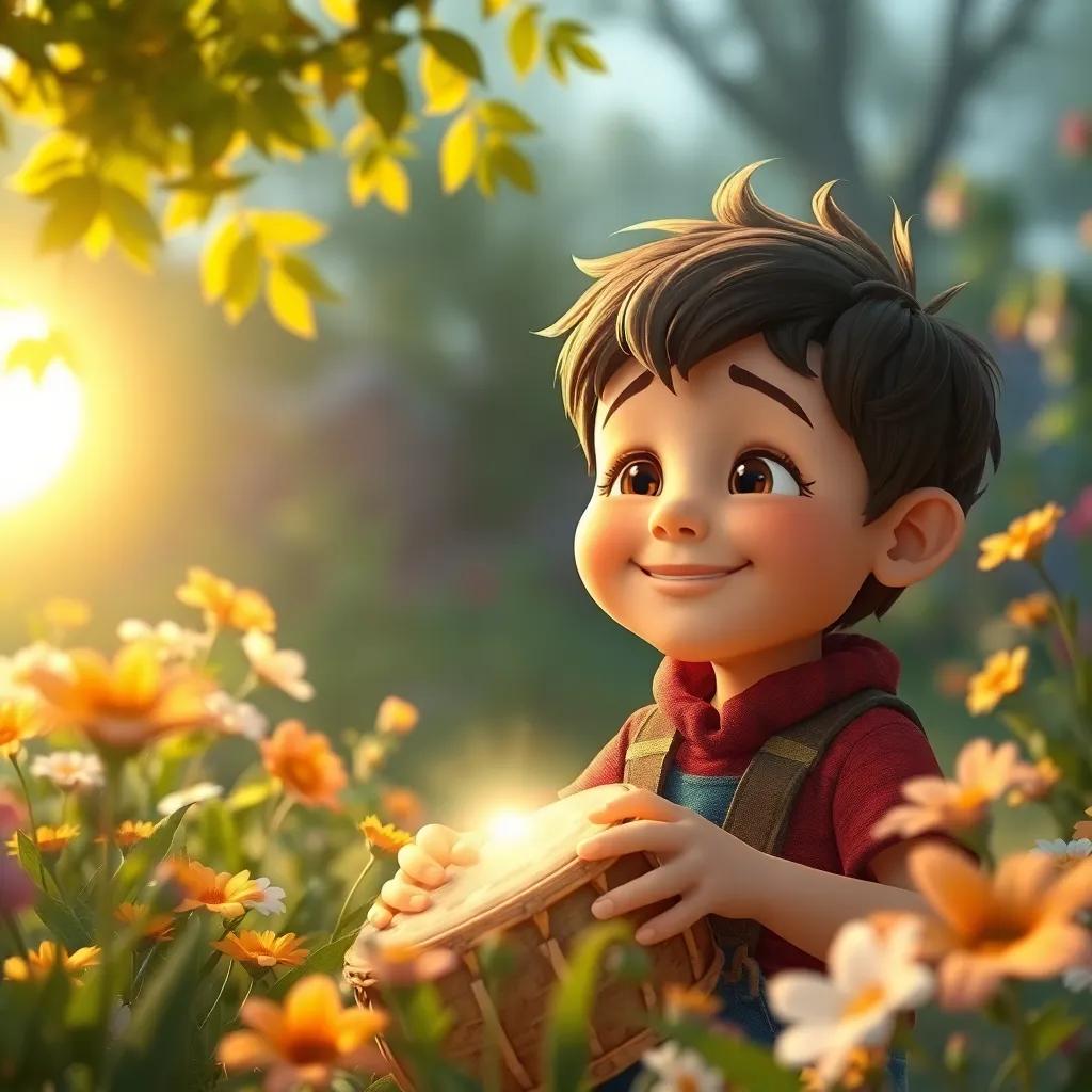 Luis despertando en su jardín con su tambor mágico, flores y un sol brillante, su rostro lleno de alegría y recuerdos de la aventura, arte infantil, luminoso, nostálgico, vista cercana, alta calidad