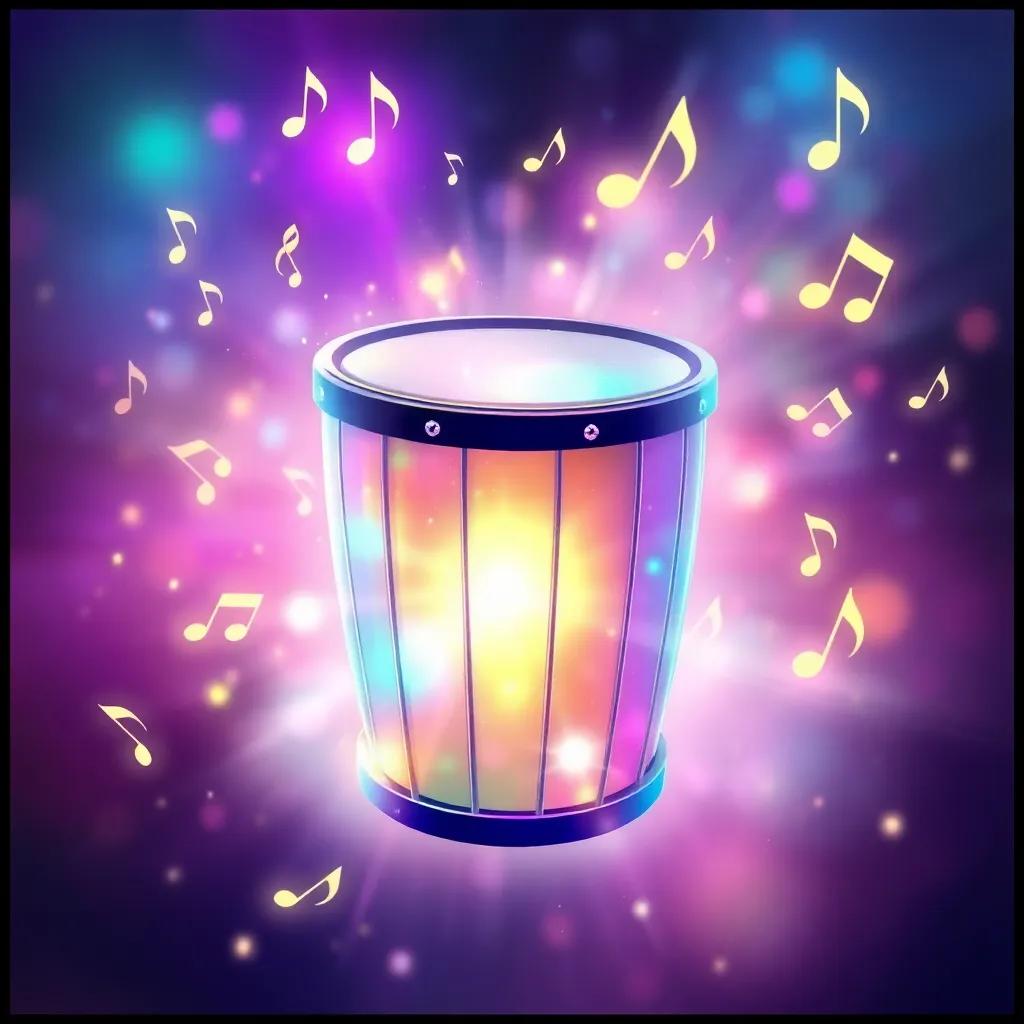 El tambor que brilla con colores mágicos, rodeado de notas musicales flotantes en el aire, sugiriendo la idea de música y sueños, ilustración, vibrante, mágico, foco nítido, alta calidad