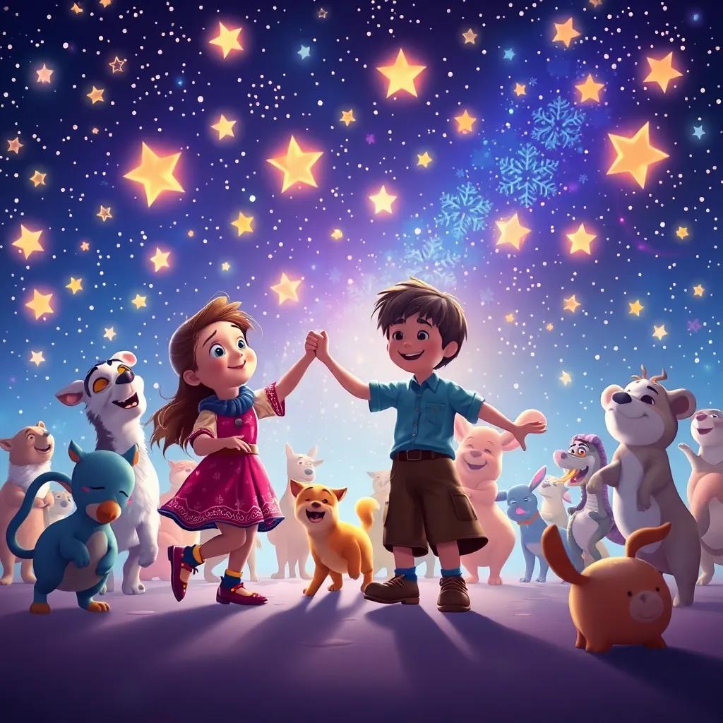 Luis y los animales bailando bajo un cielo festivo lleno de estrellas, todos tan felices, en un ambiente lleno de música y amor, arte digital, colorido, alegre, visión amplia, alta calidad