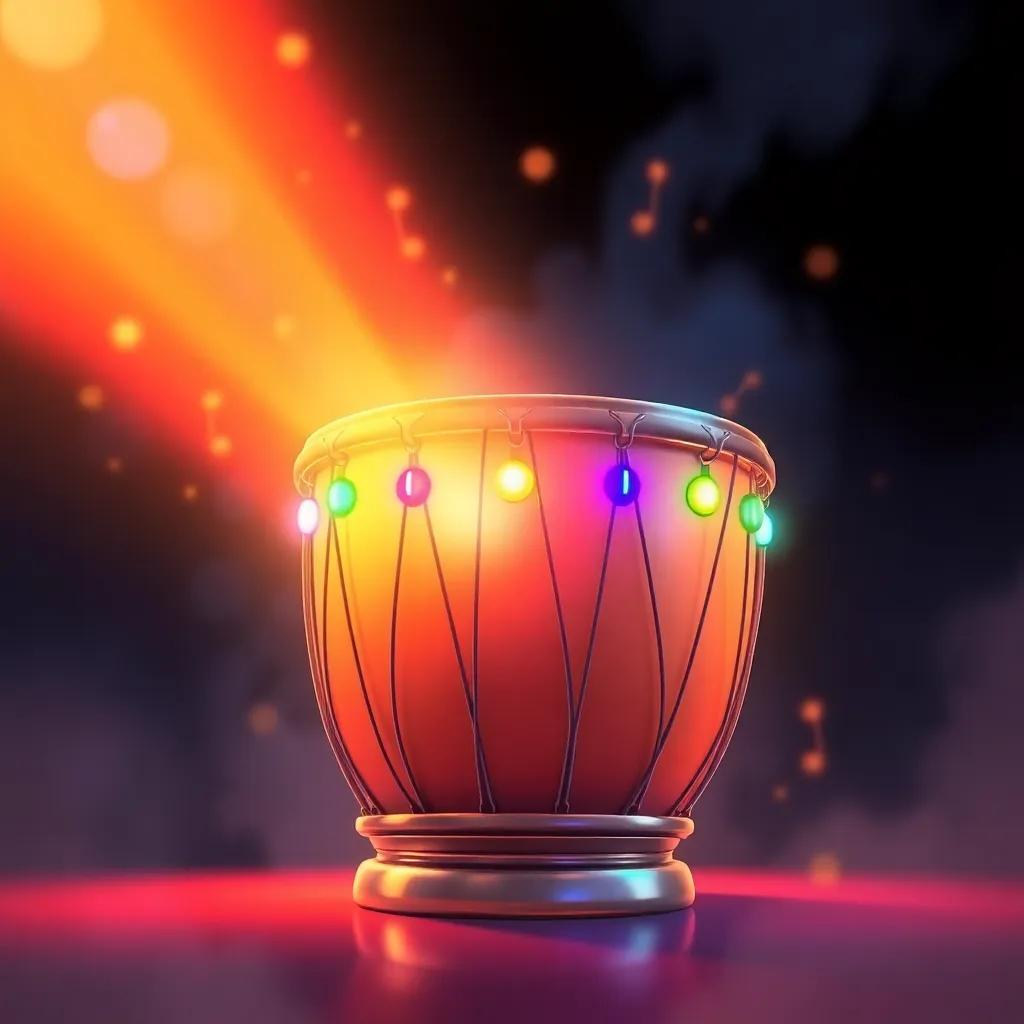 Un primer plano del tambor con patrones coloridos y brillantes mientras emite un aura mágica, rodeado de luces suaves y notas de música, ilustración, onírica, colorida, detalle brillante, alta calidad