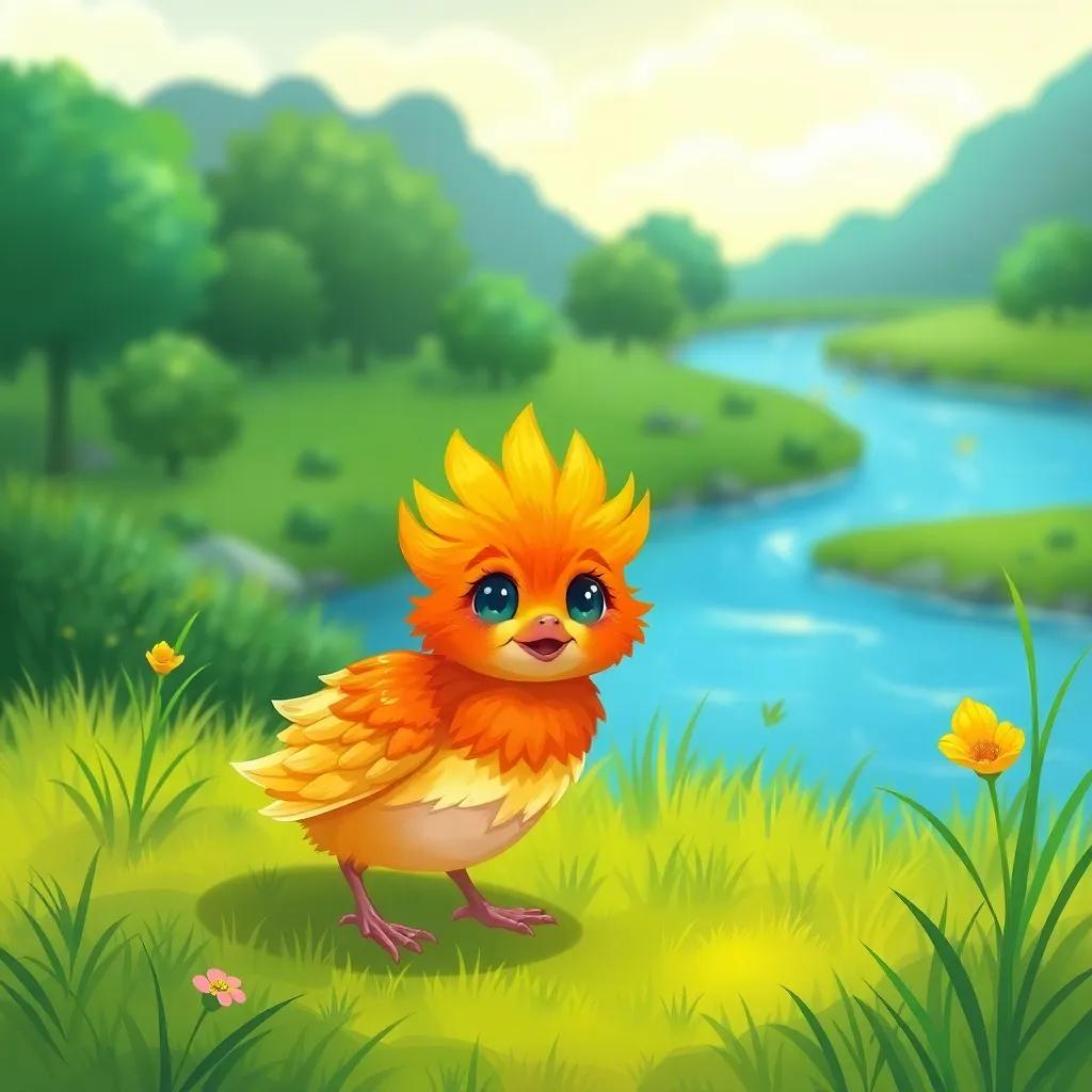 Two small martoses, Lila and Clara, with bright feathers and sharp eyes, living in a green field by a river, vibrant colors, cheerful atmosphere, digital art, highly detailed