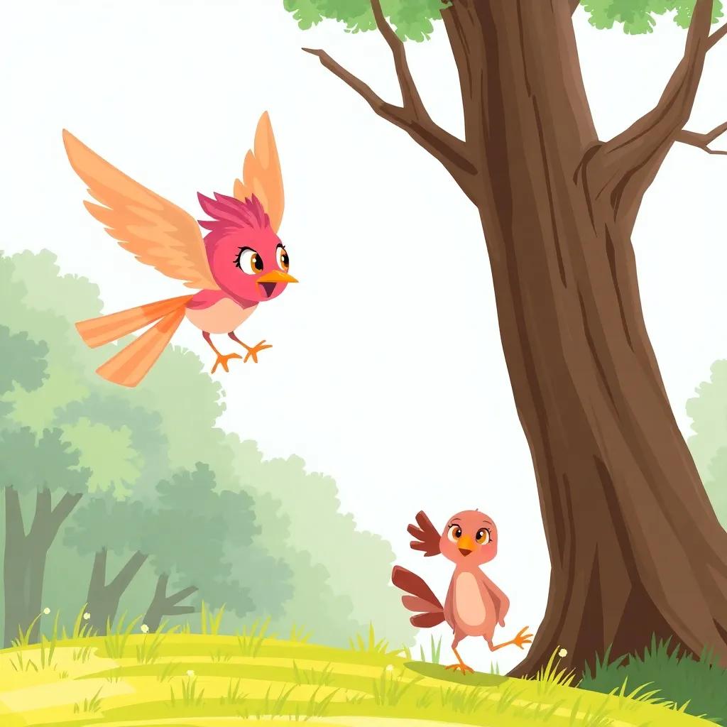 Lila, a fast martosa with bright feathers, flying towards a tall tree while Clara, a slower martosa watches, both with expressive eyes, depicting determination and speed, digital illustration, colorful, uplifting mood