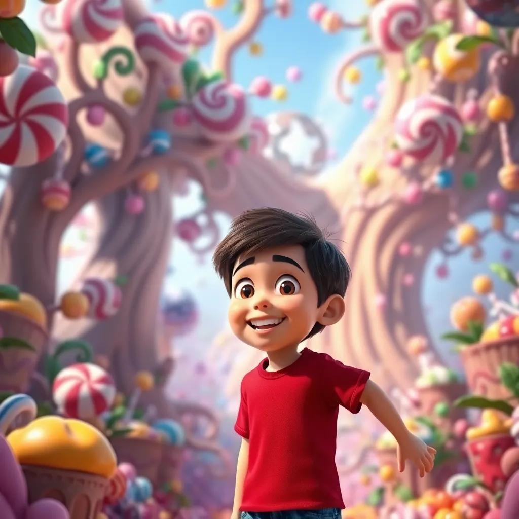 A young boy, Miguel Ángel, with short brown hair, wearing a red shirt and blue shorts, looking excited in a world of candies and sweets, a giant candy tree in the background, colorful, cheerful atmosphere, digital art, high quality
