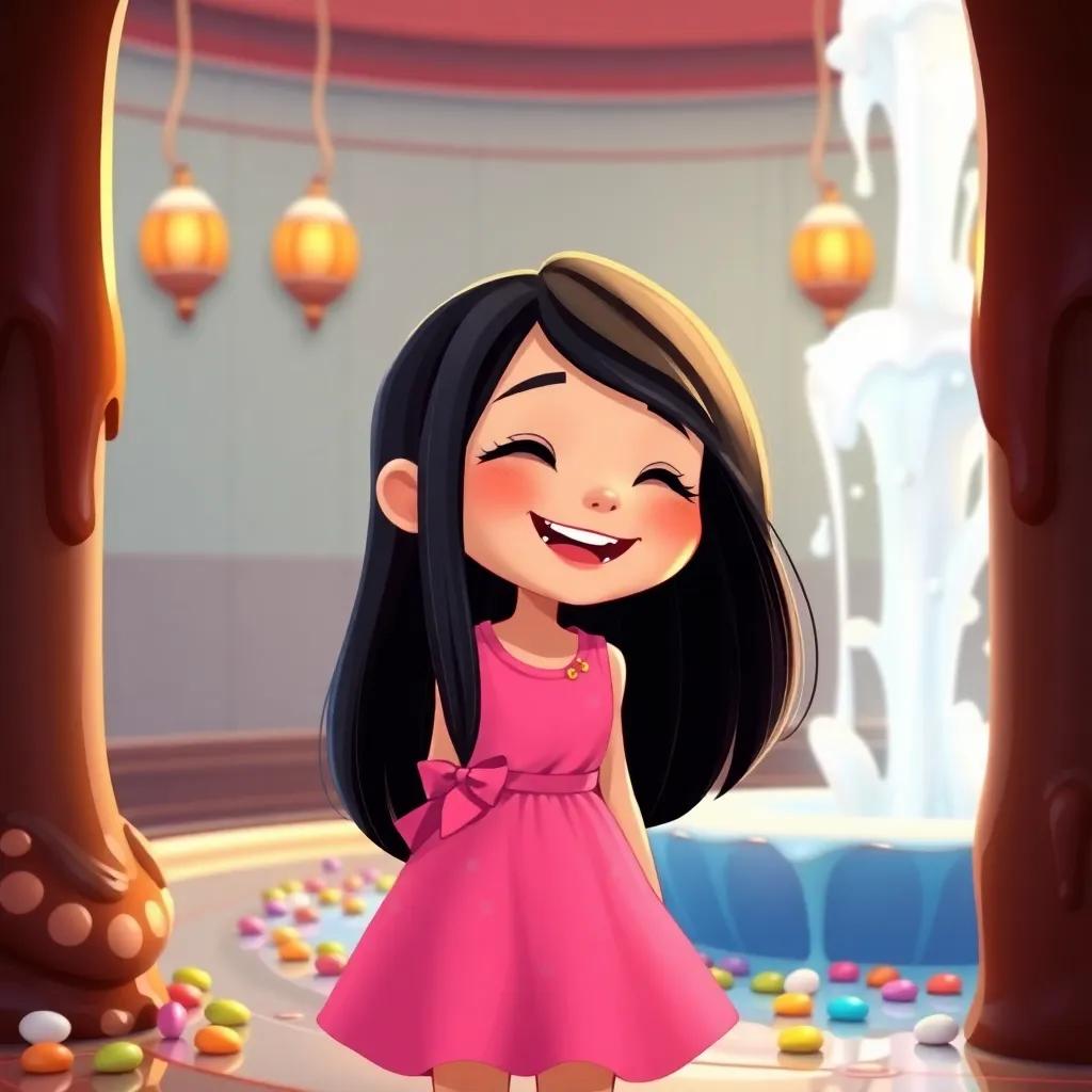A young girl, Lina, with long black hair, wearing a pink dress, laughing and standing by a chocolate fountain with candies around, vibrant colors, playful mood, illustration, child-friendly, engaging perspective
