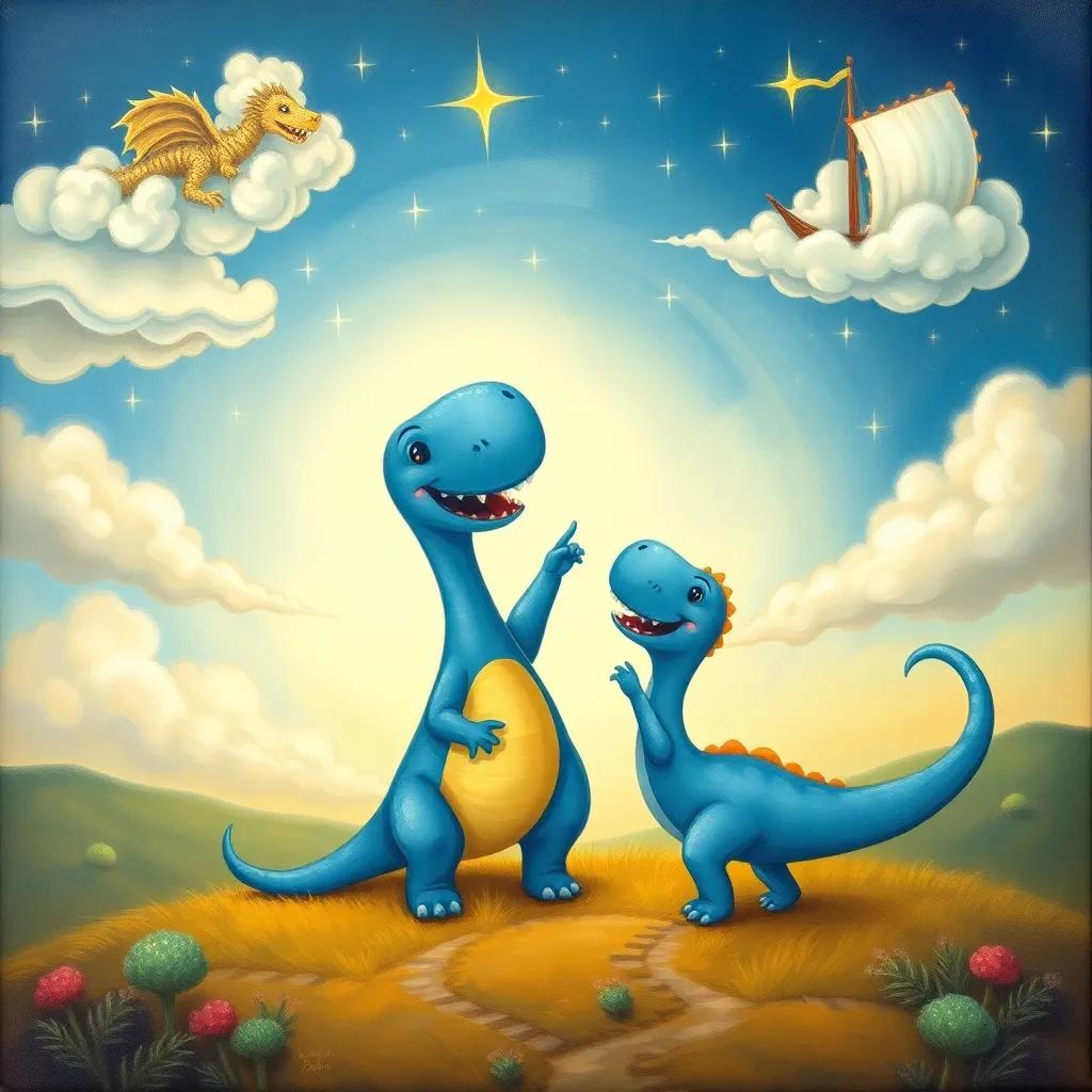 Dino the blue dinosaur and his mother happily pointing at the sky, with imaginative clouds shaped like a dragon and a boat, with twinkling stars above, illustration, vibrant colors, joyful and magical scene, child-friendly