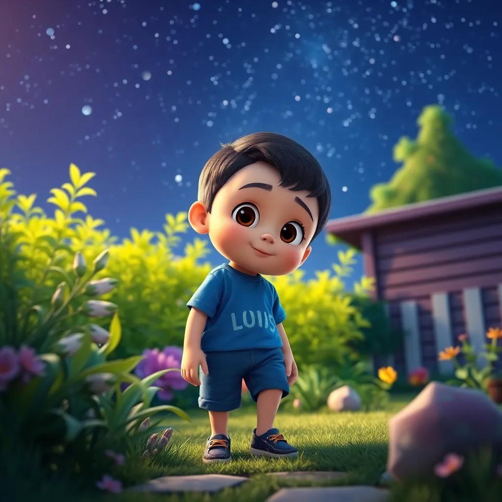 Un niño llamado Lucas, con cabello corto y oscuro, vestido con una camiseta azul y pantalones cortos, explorando su jardín bajo un cielo estrellado, arte digital, colores vibrantes, atmósfera mágica, alta calidad