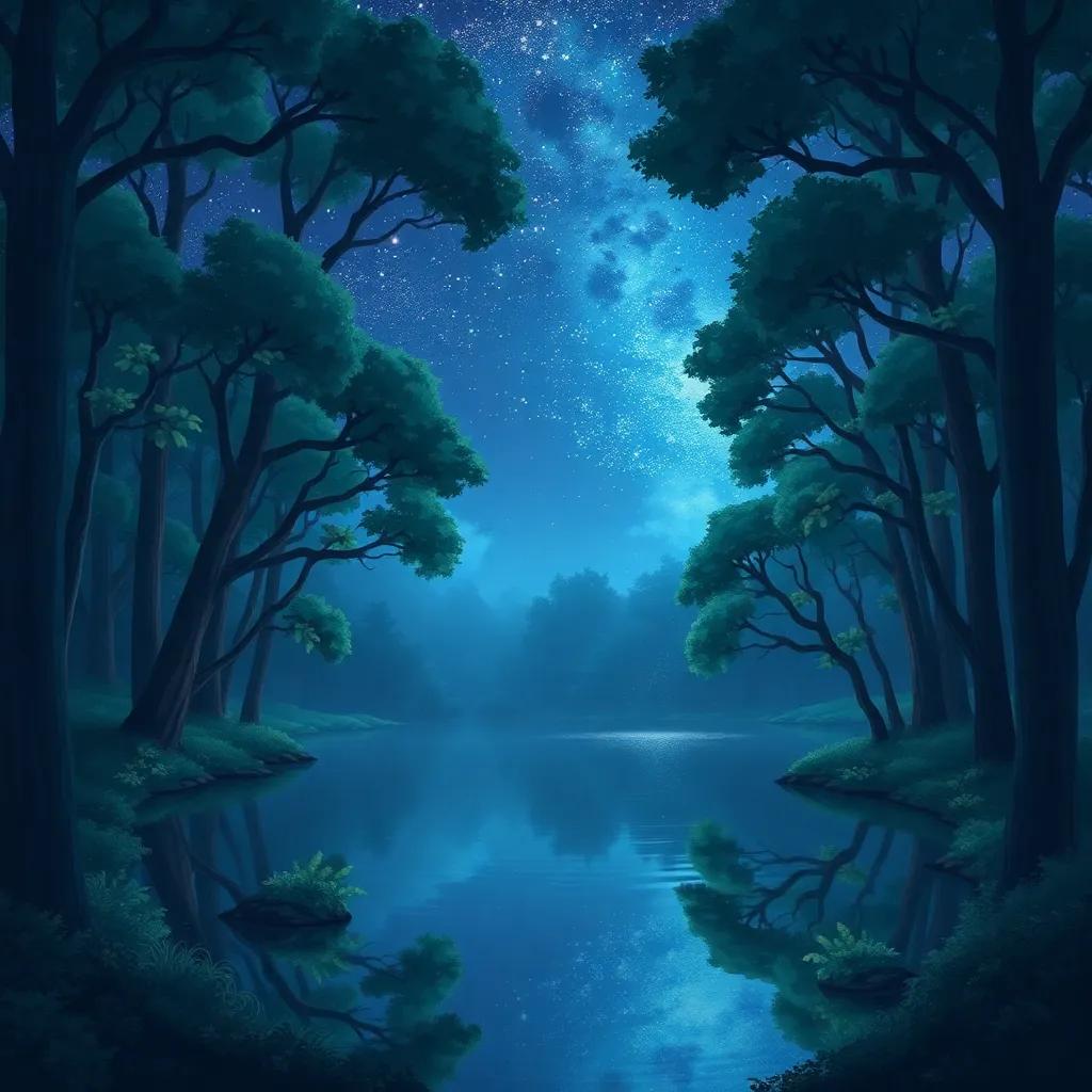 Un hermoso bosque nocturno con árboles altos y susurros misteriosos, con un lago reflejando el cielo estrellado en el borde del claro, ilustración mágica, colores suaves, atmósfera tranquila, alta calidad