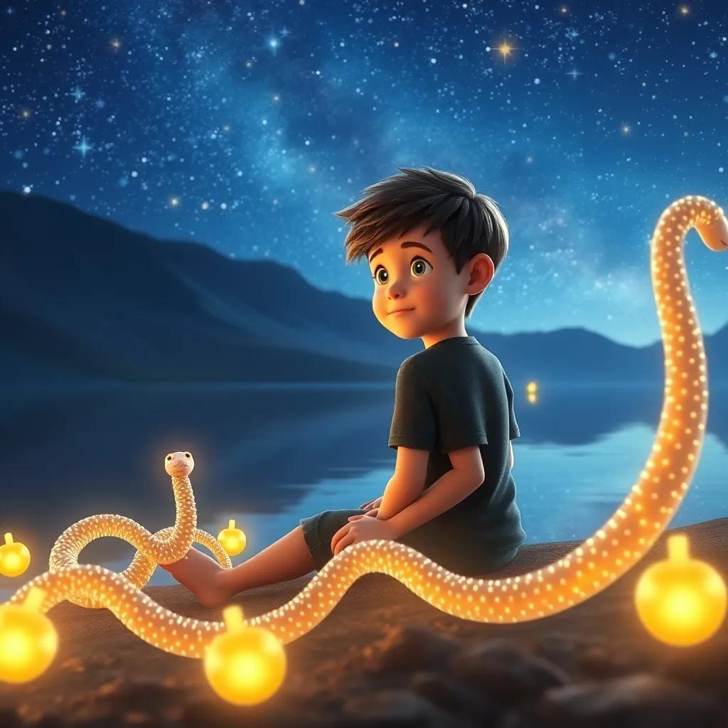 Lucas sentado junto al lago, rodeado de luciérnagas que brillan, escuchando historias bajo las estrellas, digital art, ambientes vibrantes, cálida luz, alta calidad