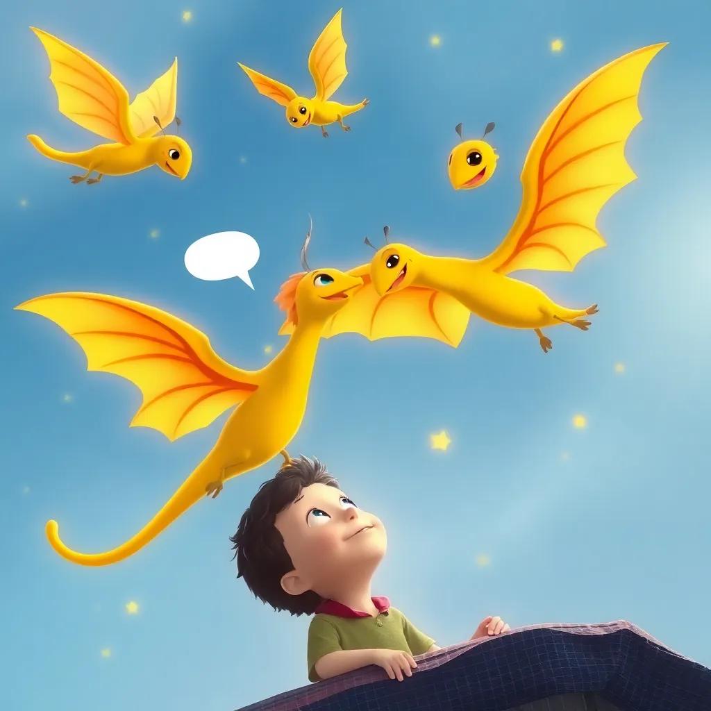 Luciérnagas hablando, volando en círculos sobre Lucas, quien sonríe mientras mira al cielo, ilustración alegre, colores brillantes, escenas infantiles, alta calidad