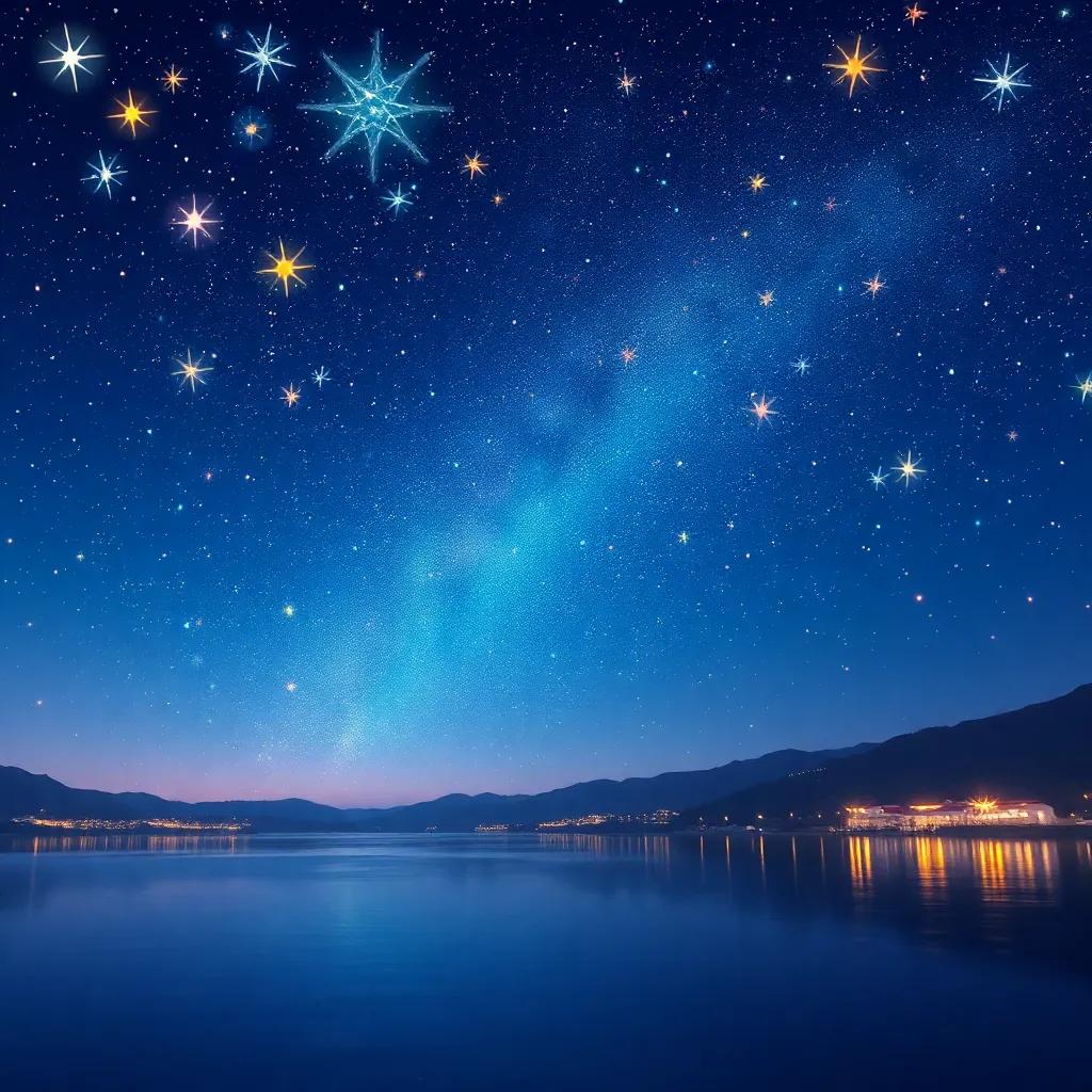 El cielo nocturno lleno de estrellas brillantes y danzantes, alrededor del lago, reflejando luces y colores, ilustración colorida, atmósfera mágica, alta calidad