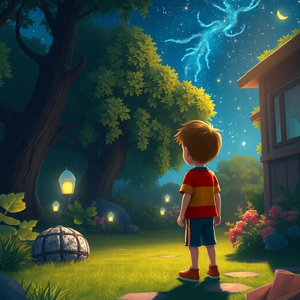 Lucas regresando a su jardín, mirando al cielo estrellado, recordando la magia del bosque y las luciérnagas, ilustración cálida, vibrante, atmósfera nostálgica, alta calidad