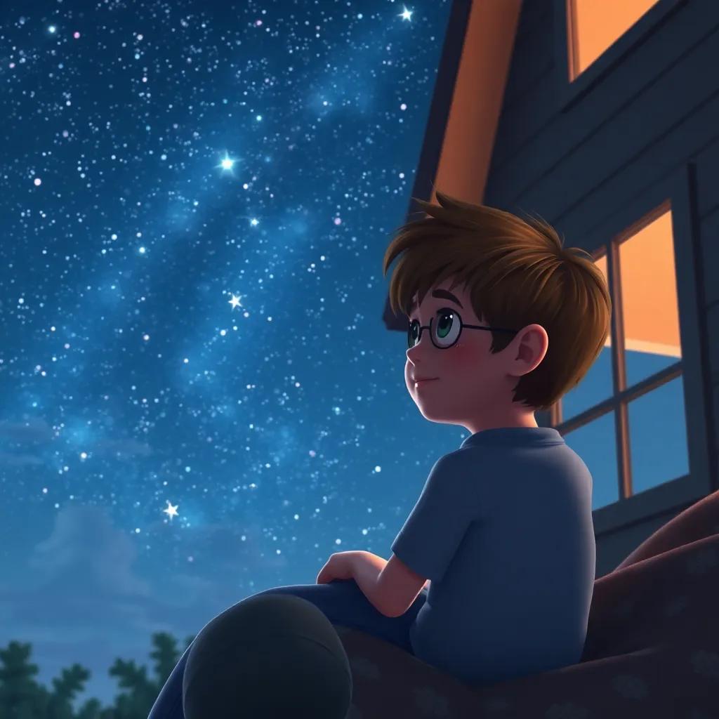 Lucas mirando el cielo estrellado desde su casa, sonriendo al recordar su aventura mágica, arte digital, colores suaves, tranquilo, alta calidad