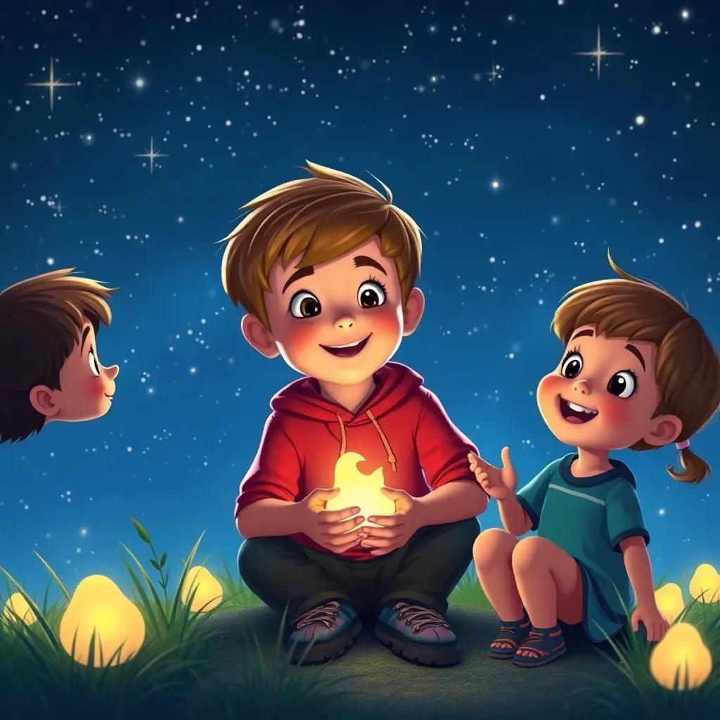 Lucas creciendo y compartiendo la luz de las luciérnagas con otros niños, bajo un cielo estrellado, ilustración alegre, colores animados, atmósfera feliz, alta calidad