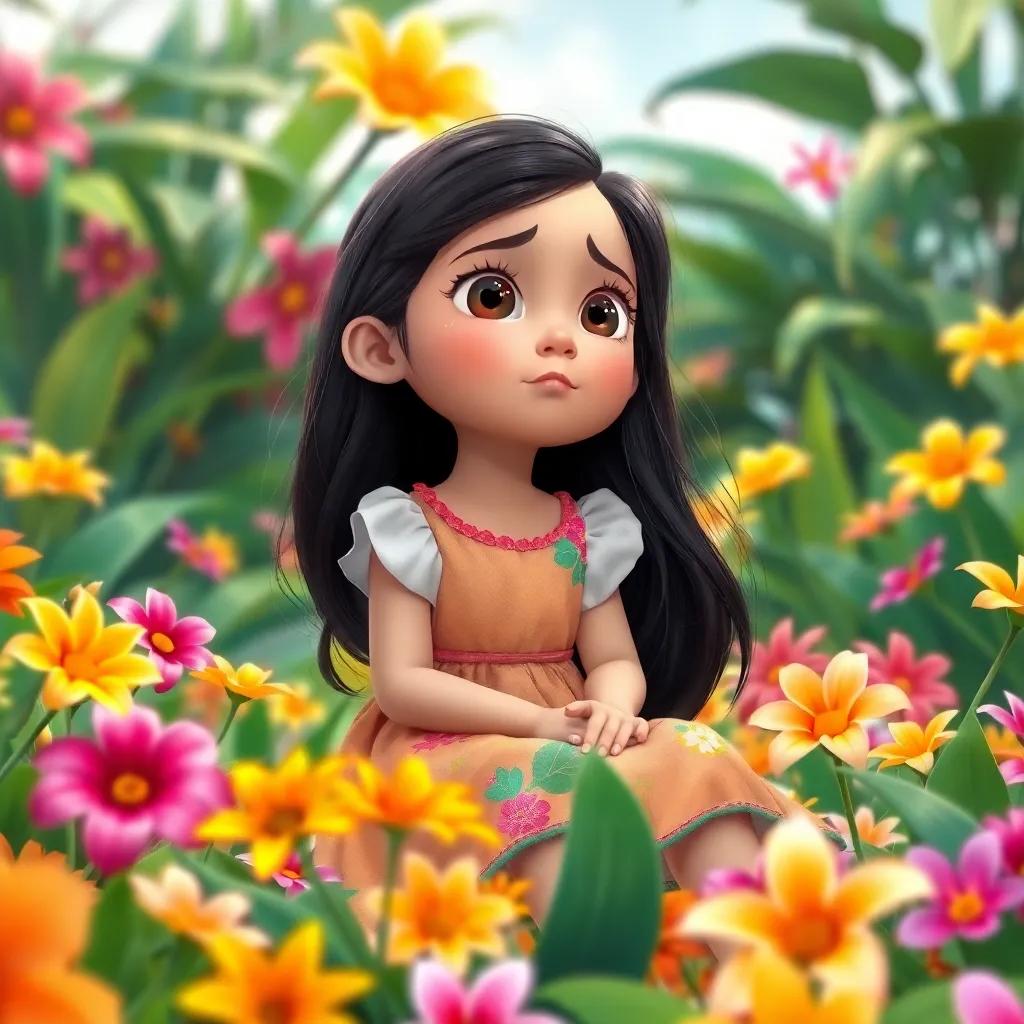 A little girl, Clara, with long black hair, wearing a colorful dress, sitting in her vibrant flower garden with tropical flowers around her, looking sad while gazing at the sky, digital art, bright colors, cheerful atmosphere, high quality