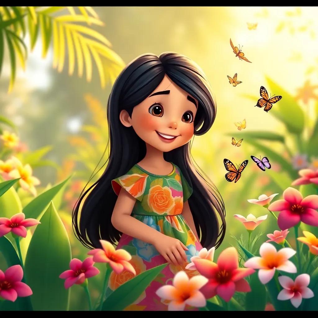 Clara, a little girl with long black hair, wearing a colorful dress, joyfully tending to her beautiful tropical flowers, butterflies fluttering around her in a sunny garden, illustration, warm light, inviting colors, vibrant and happy