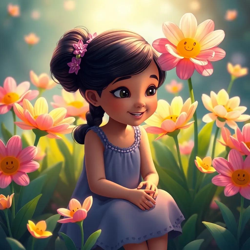 Sofía, a young Hispanic girl, sitting among vibrant flowers that are smiling, with petals gently swaying, listening closely, magical, illustration, warm light, emotional, child-friendly