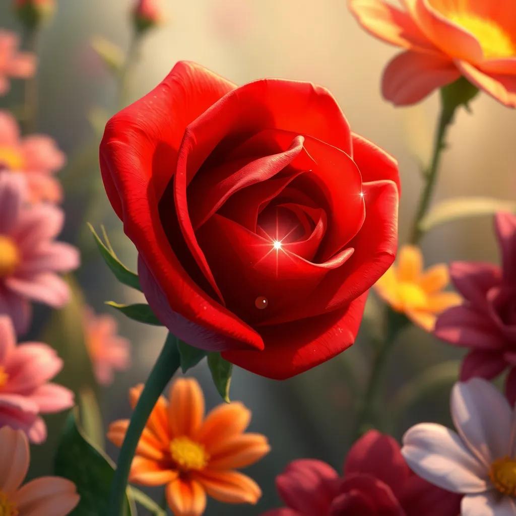 A close-up of a talking red rose, with sparkling eyes, whispering a magical story, surrounded by other colorful flowers, digital painting, enchanting, child-friendly, uplifting