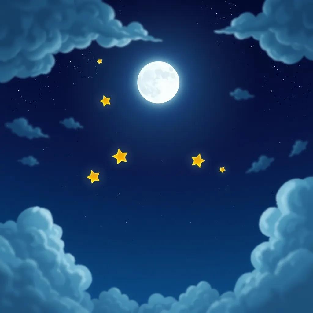 A scene depicting a bright full moon smiling at smiling stars in a clear night sky, with clouds and twinkling stars, dreamy illustration, magical, calm colors, storytelling view, enchanting