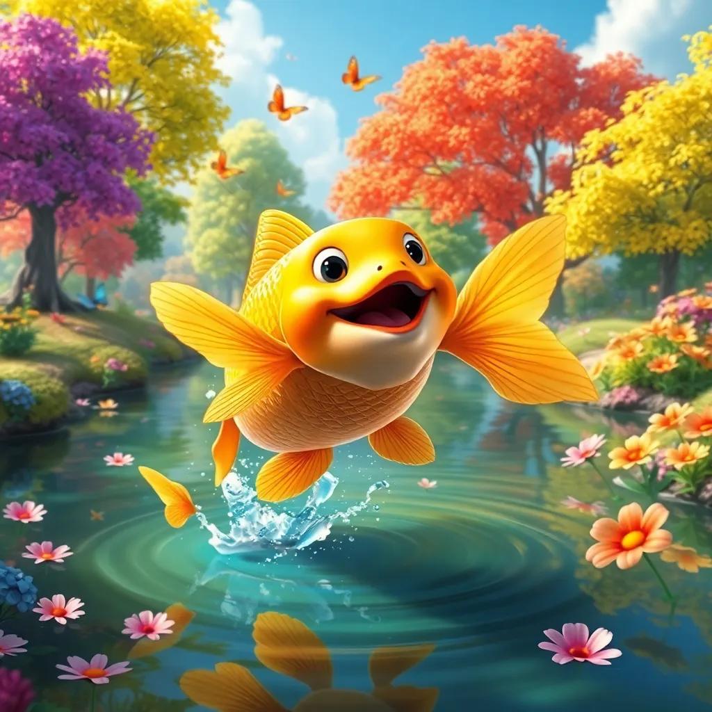 A golden fish jumping joyfully out of water, surrounded by colorful trees, flowers, and butterflies, vibrant and cheerful atmosphere, digital art, fantasy, joyful imagery, high quality