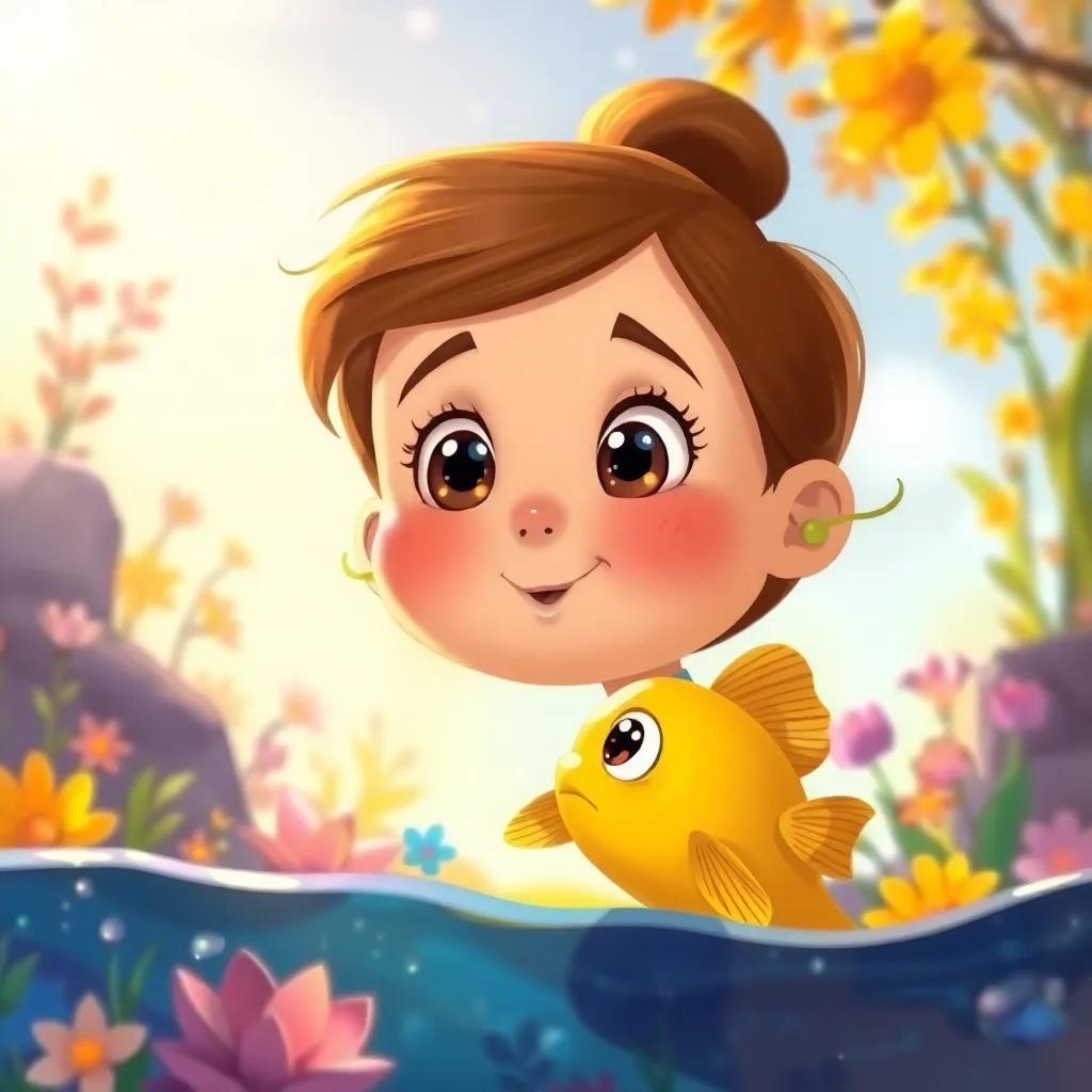Sofía watching with wide eyes as the golden fish explores the world outside water, surrounded by bright and colorful nature, illustration, emotional, warm tones, cheerful