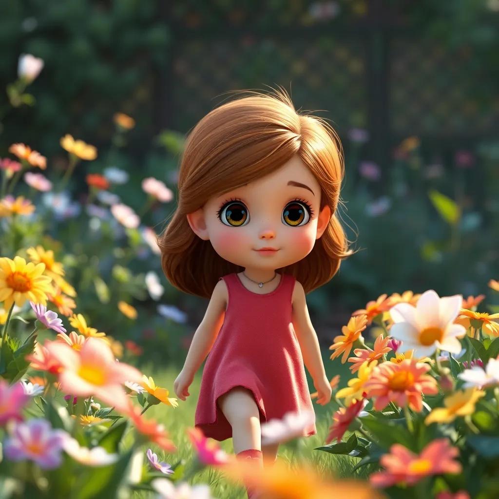 Una niña curiosa, Clara, con cabello castaño y ojos brillantes, caminando entre flores de colores en un jardín, escuchando pétalos susurrar, arte digital, cálidos colores, vibrante atmósfera, alta calidad