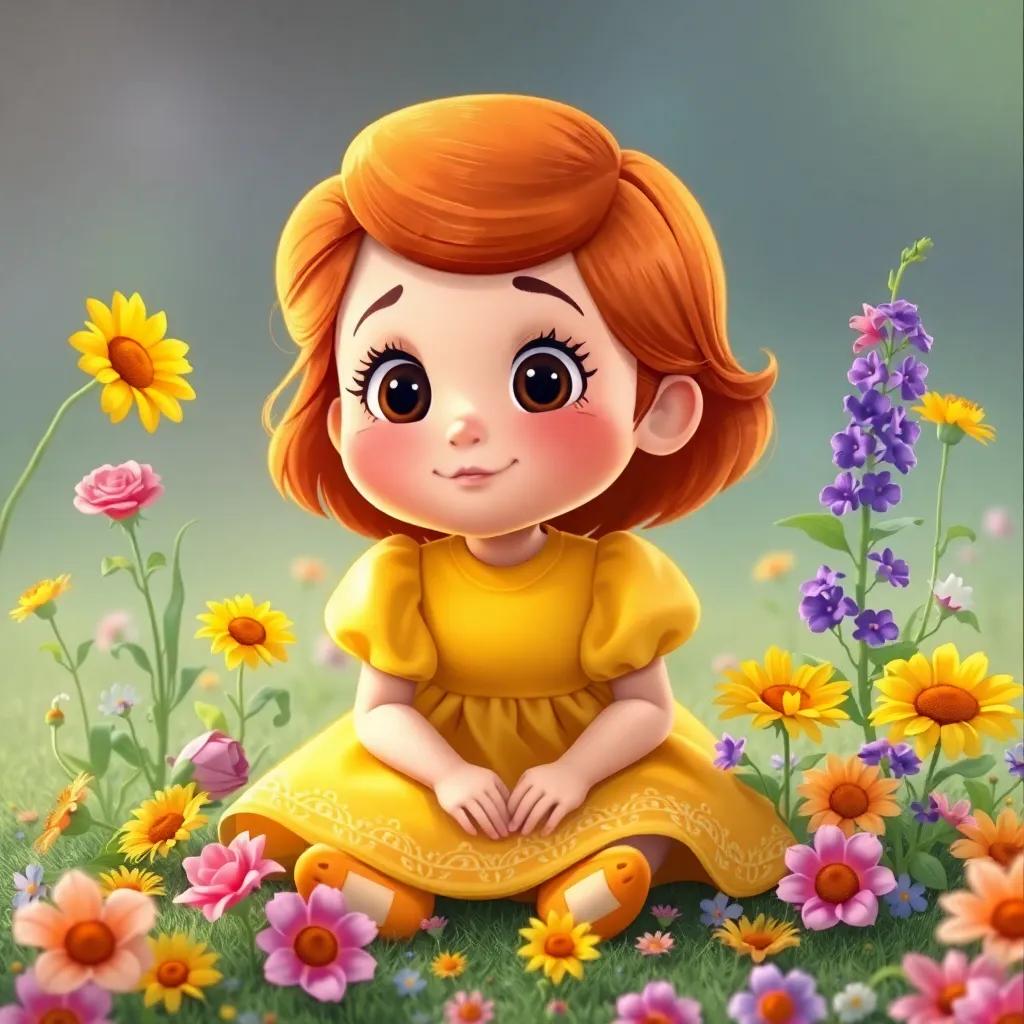 Clara, una niña curiosa con cabello castaño y vestido amarillo, sentada en el suelo rodeada de flores rosas, girasoles y violetas, escuchando atentamente con una sonrisa en su rostro, ilustración, divertida, temática infantil