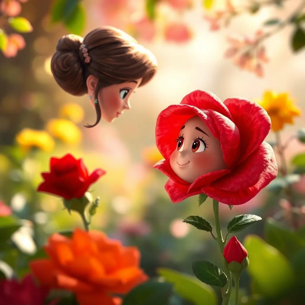 Una rosa roja dulce, con pétalos brillantes, hablando a Clara, la niña curiosa, en un jardín lleno de colores, armonioso fondo natural, arte digital, enfoque nítido, cálido y encantador