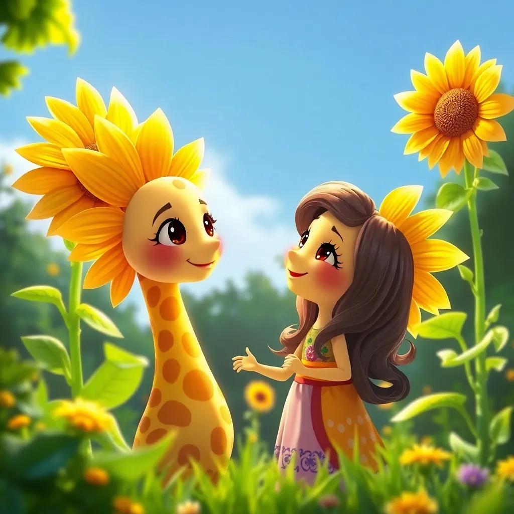 Girasoles altos y dorados, con sonrisas radiantes, expresando su felicidad a Clara en el jardín brillante, juntos bajo el sol, pintura digital, alegre, perfecto para niños