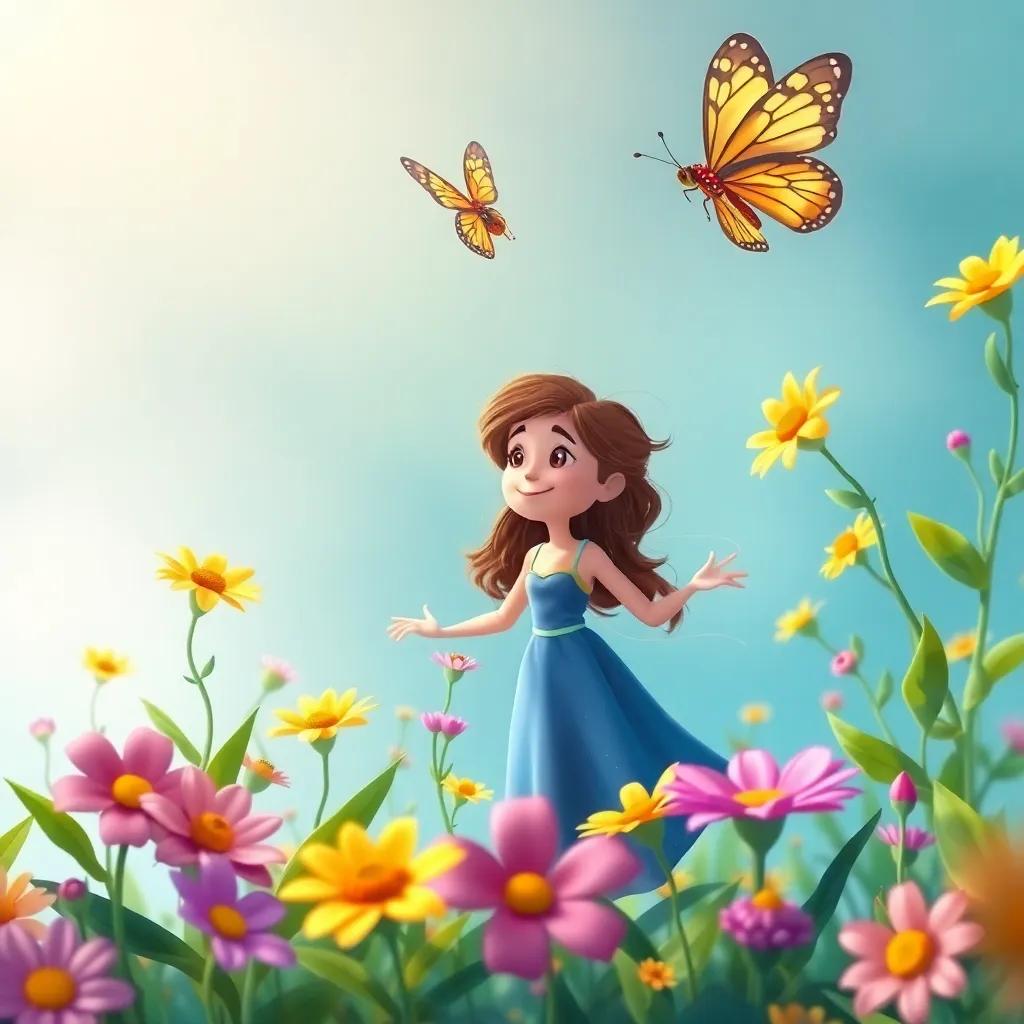 Clara riendo entre las flores, una mariposa colorida volando cerca, todas las flores hablando y bailando con el viento, magia en el aire, ilustración colorida, vibrante y amigable