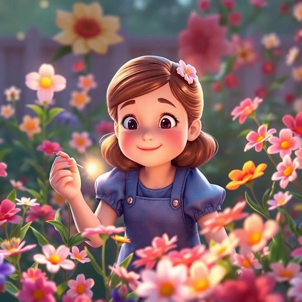 Clara cuidando las flores, regando con una regadera brillante en un jardín colorido, flores felices creciendo más hermosas, pintando un mundo feliz, digital art, luminoso, positivo