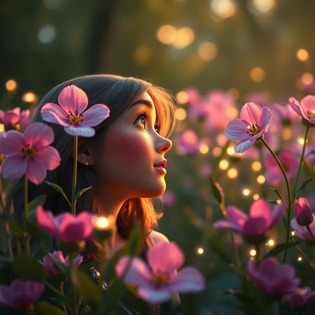 Clara observando maravilla gotas de rocío en las flores, con luces brillantes que parecen diamantes, el aire lleno de sabor fresco de la mañana, arte digital, realista, naturaleza espléndida
