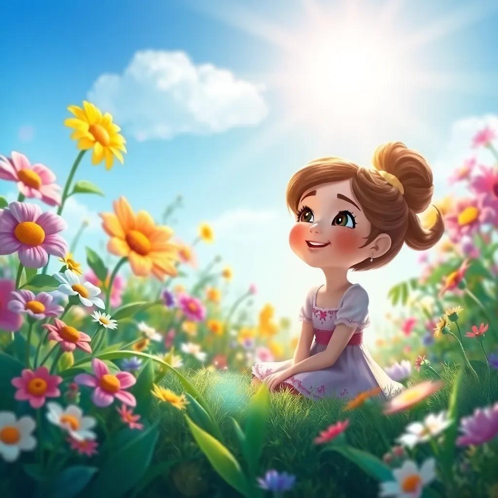 Un jardín mágico lleno de flores de todos los colores recibiendo la luz del sol, Clara disfrutando del aire fresco con una sonrisa amplia, ilustración encantadora, vista vibrante de la naturaleza, perfecta para niños