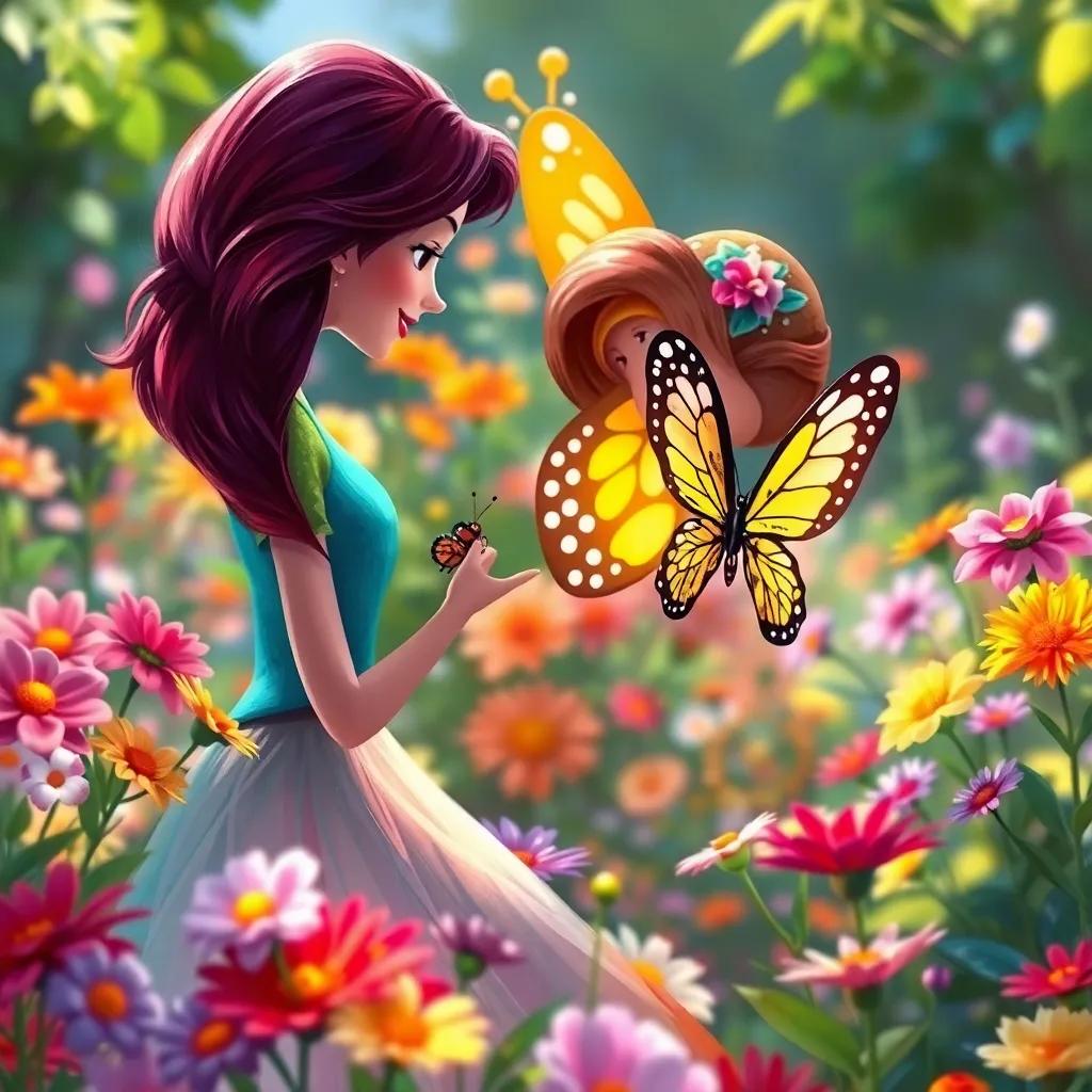 Clara, feliz, hablando con una mariposa colorida en el jardín lleno de flores, creando un mundo mejor juntos, digital painting, vibrante, encantador, alegre