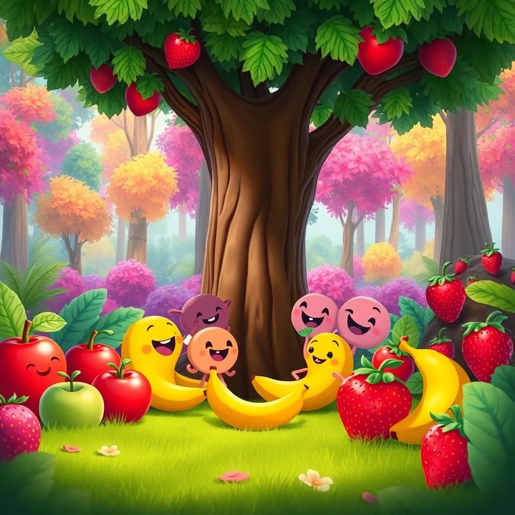 A colorful forest full of happy fruits, like apples, bananas, and strawberries, discussing their plan to form a band under a big green tree, cheerful atmosphere, bright colors, digital art