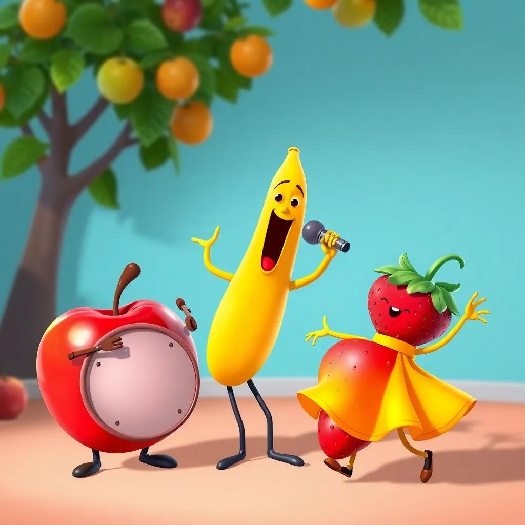 A red apple playing the drum, a yellow banana singing into a microphone, and a sweet strawberry dancing with a bright dress, lively scene, colorful, fun, illustration