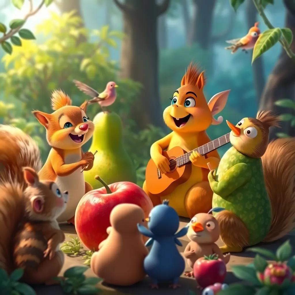 Animals like squirrels and birds gathering around to watch the happy fruits practicing music, joyful expressions, colorful, vibrant forest setting, digital painting