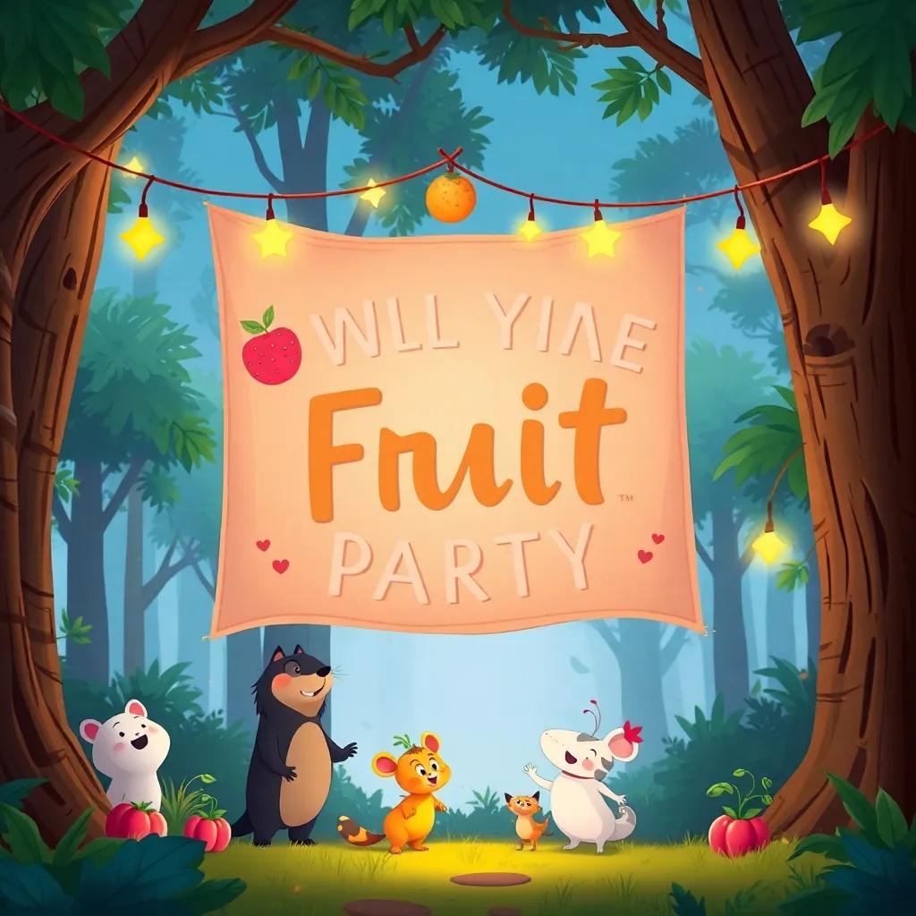 A big festive banner hanging in the forest, announcing the fruit party, decorated with stars and lights, excited animals preparing for a celebration, cheerful, inviting, illustration