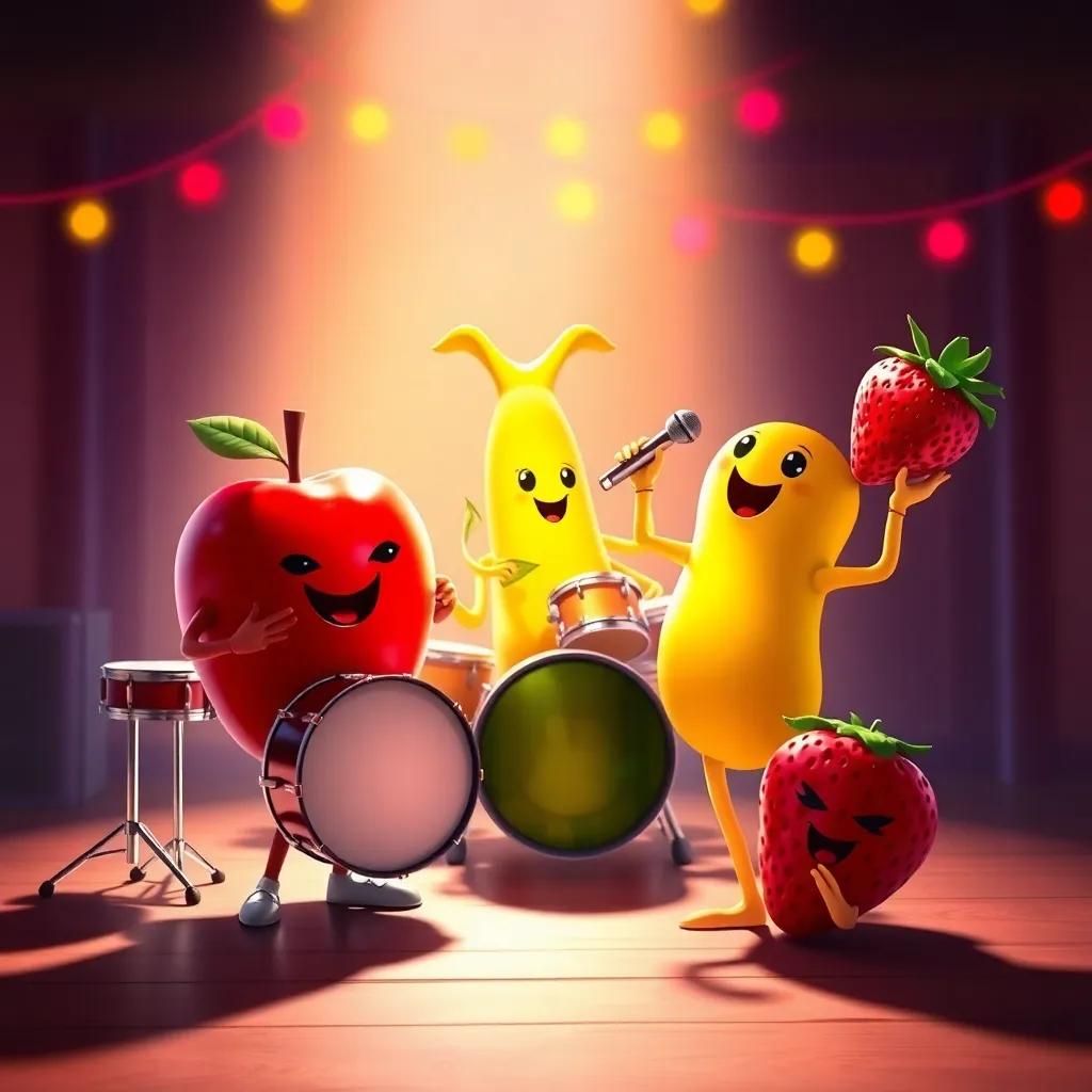 Fruit band members getting ready for the big day, the red apple with drums, yellow banana with a microphone, and bright strawberry dancing, scene full of anticipation, colorful, bright light, digital art
