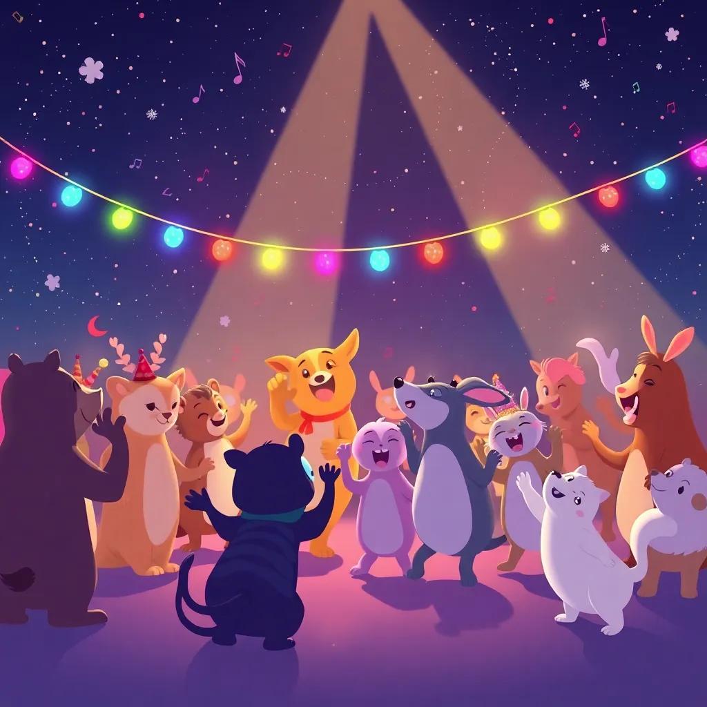 The party starts with colorful lights and music notes in the air, animals dancing and enjoying the show, a happy gathering under the starlit sky, festive atmosphere, illustration