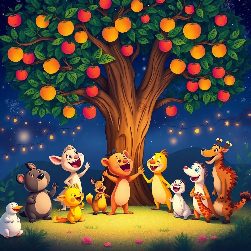 All animals laughing, dancing, and enjoying the music under a big tree, with fruits shining brightly, magical night with lights and fun, colorful, vibrant illustration