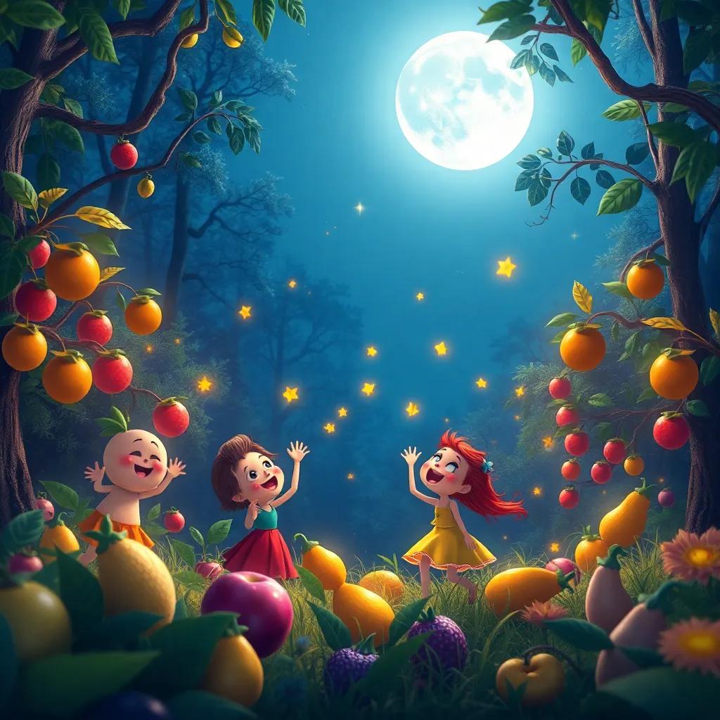 The fruits, singing and dancing under the moonlight, joyful ambiance with twinkling stars, forest alive with music, dreamy atmosphere, digital art