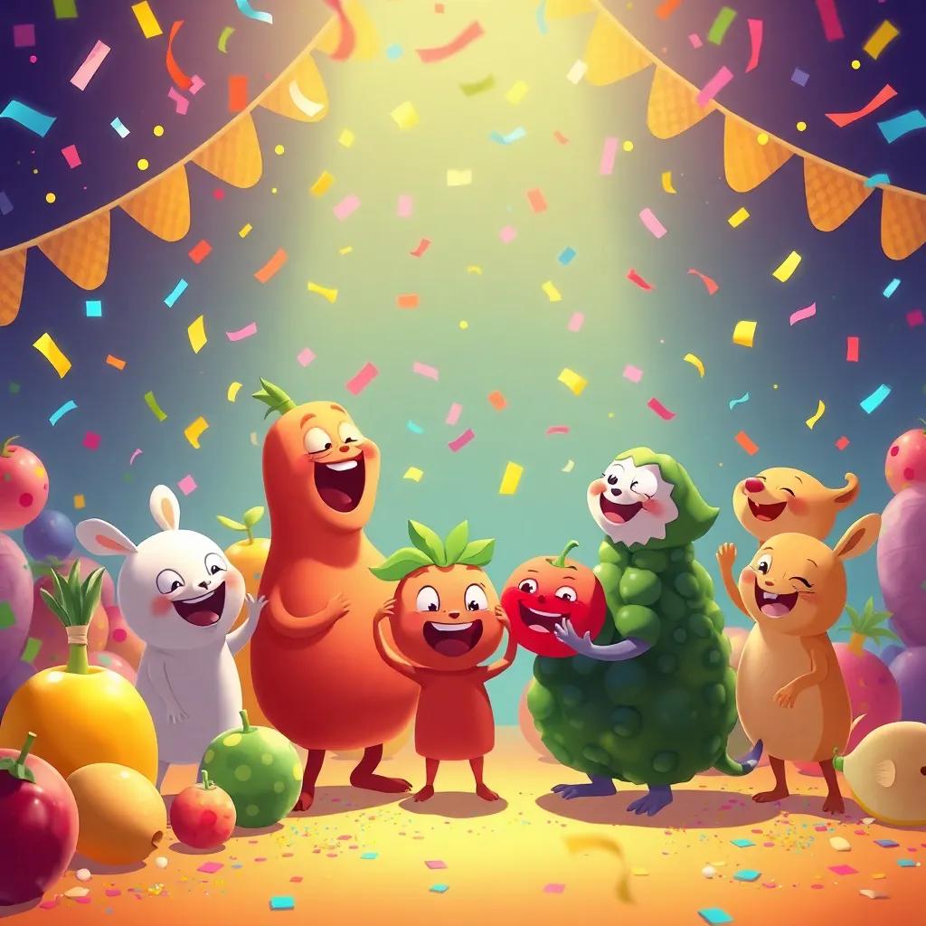 A heartwarming scene of fruits and animals continuing the party, filled with laughter, colorful confetti in the air, happy ending, vibrant colors, illustration