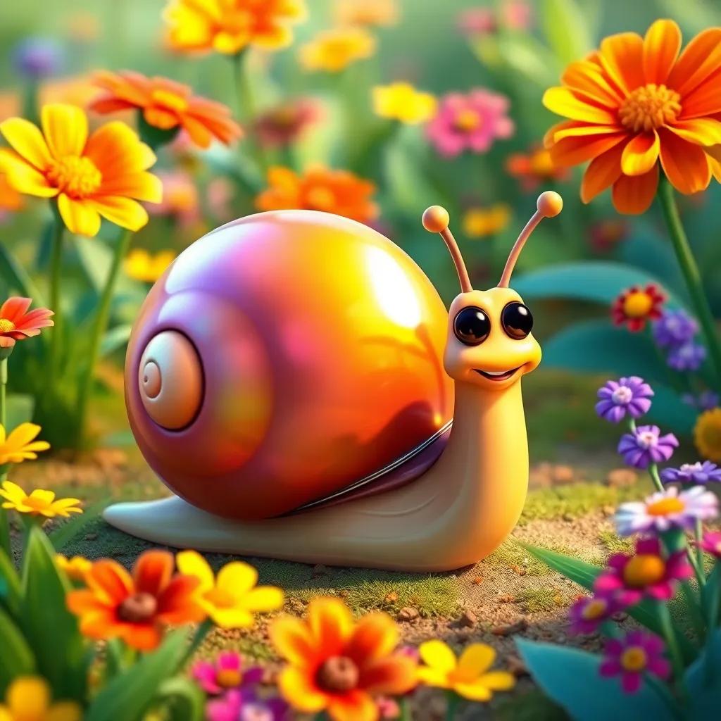 A friendly snail named Santi with a shiny, colorful shell sliding through a garden filled with bright flowers, digital art, vibrant colors, cheerful atmosphere, high quality