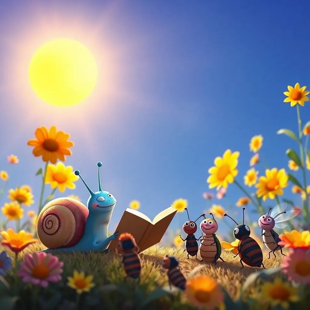 Santi the snail telling a story to a group of happy insects under the sun, with flowers dancing in the background, joyous scene, warm light, colorful, high quality