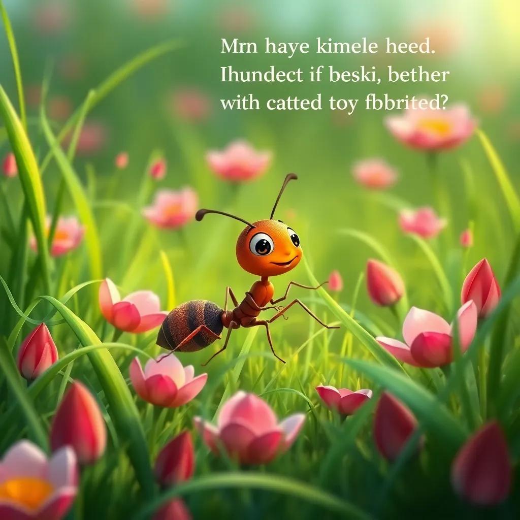 A busy little ant running around, suddenly stopping to listen to Santi's wise words, surrounded by green grass and colorful petals, detailed illustration, bright and engaging, child-friendly
